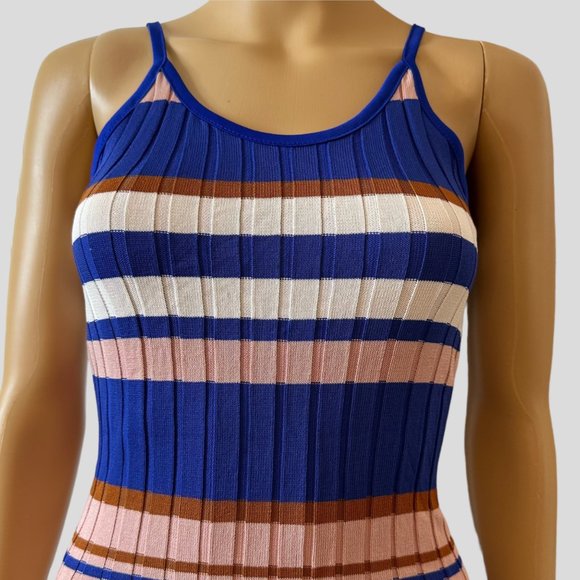 Women Ribbed Woven Bodycon Dress Medium M Blue Pink White Stretch Wide Stripes - Picture 7 of 16